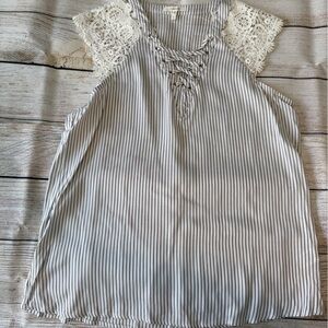 Maurices Black and White Striped Blouse with Lace Sleeves